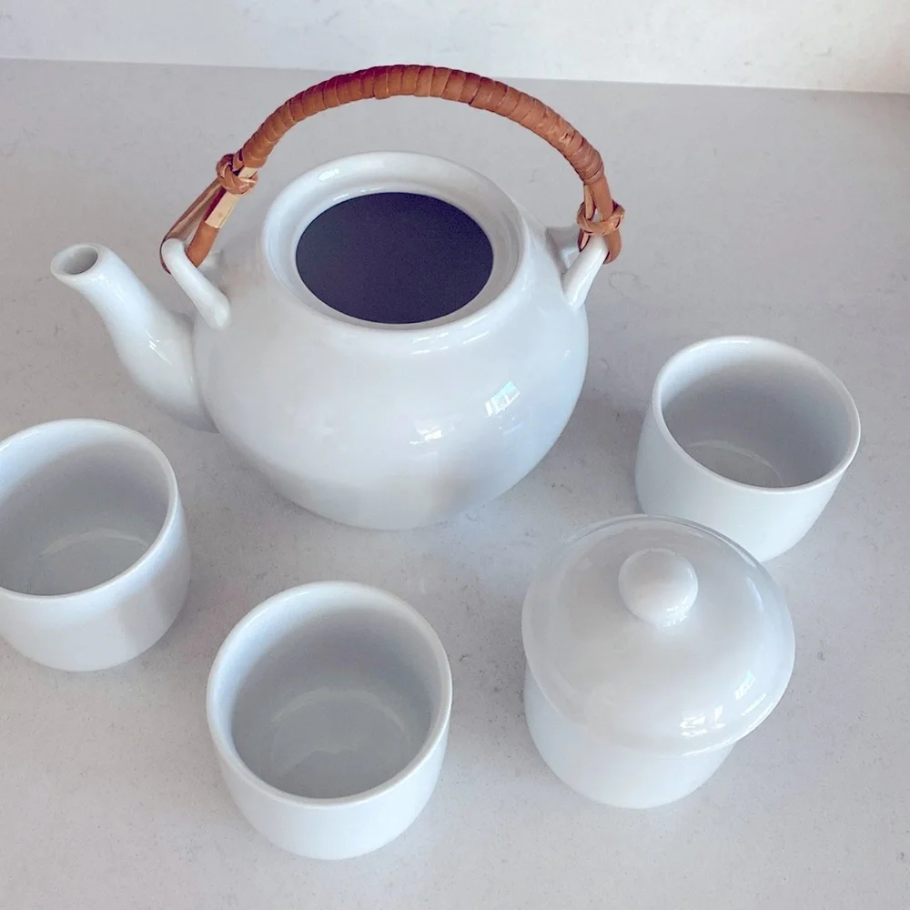 Pier 1 Imports Porcelain Tea Set White China Teapot & 4 Cups Classic Decor Asian